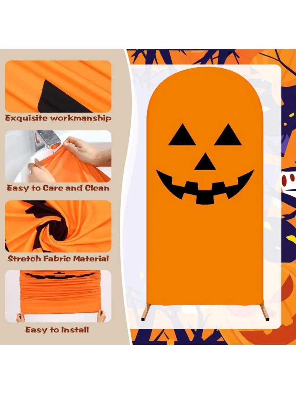 3-Piece Halloween Arch Backdrop Set - Pumpkin Design, 4ft, 5ft, 6ft Sizes